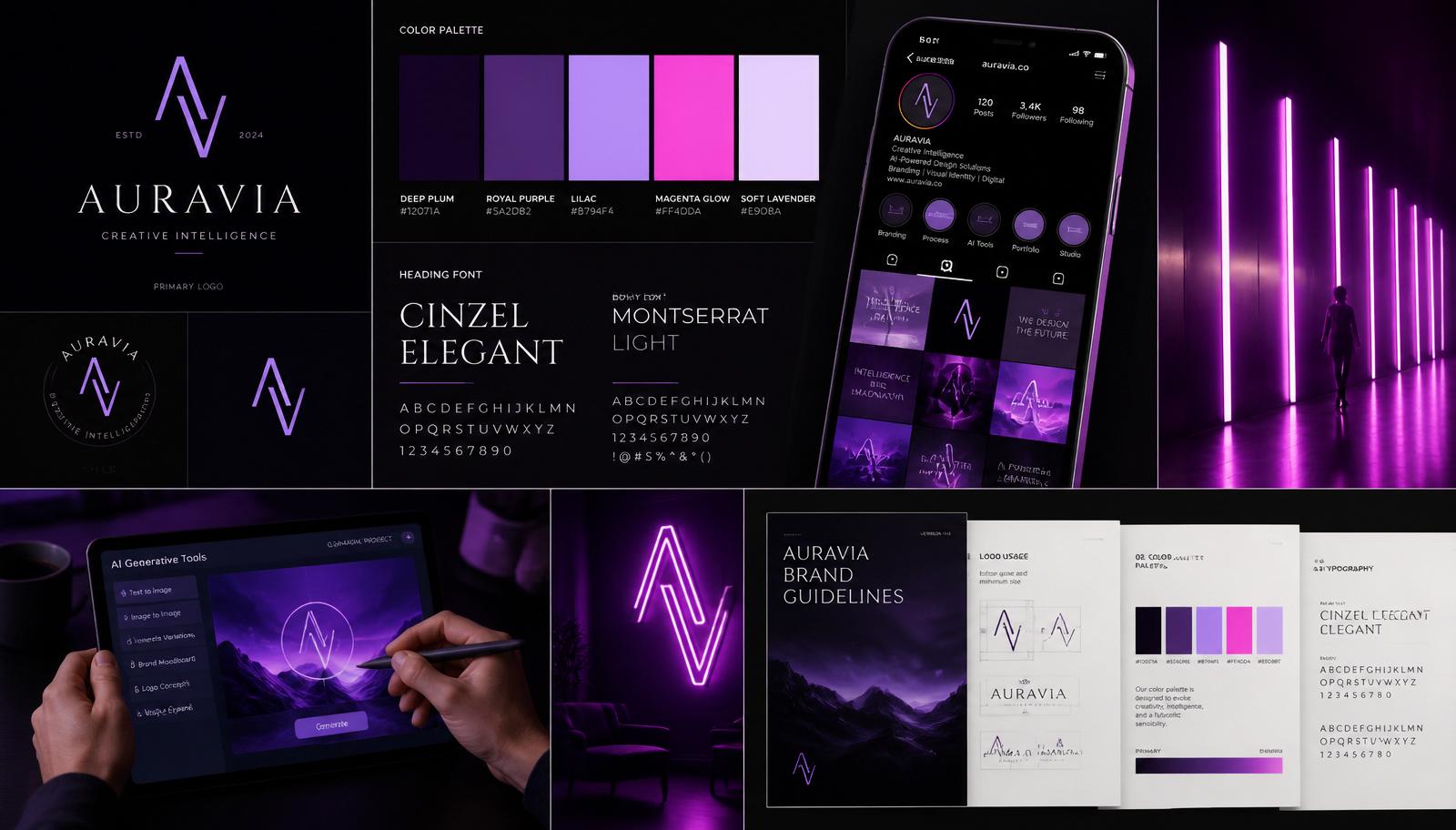Galeria de inspiração com logotipos, paletas, tipografia e mockups de redes sociais