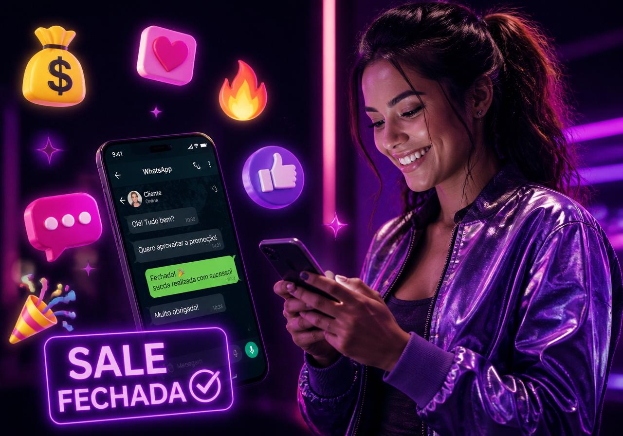 Mulher feliz fechando uma venda pelo WhatsApp com chat ativo no celular