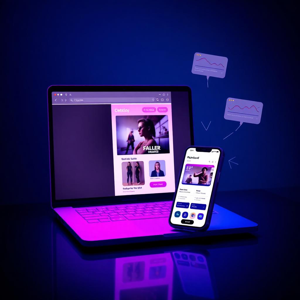 Campanha de e-mail marketing exibida em notebook e celular com dashboards e IA